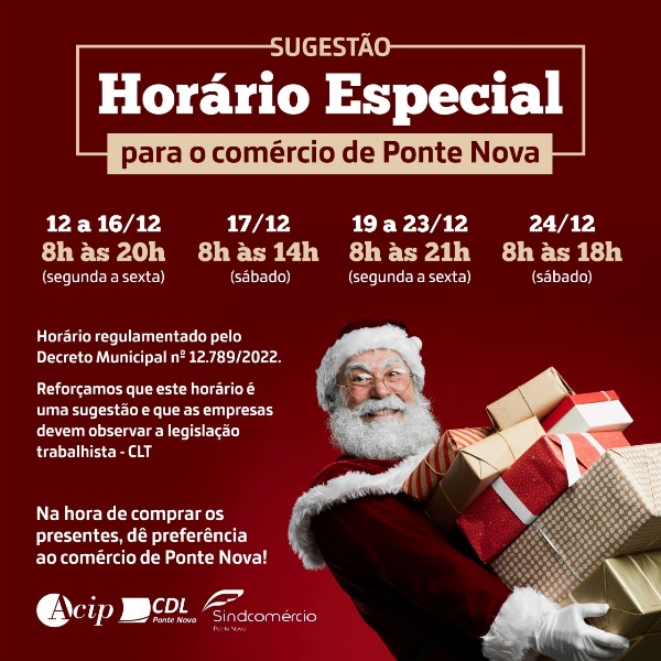 Atenção: horário especial de funcionamento do comércio de Ponte Nova na véspera do Natal Atenção: horário especial de funcionamento do comércio de Ponte Nova na véspera do Natal